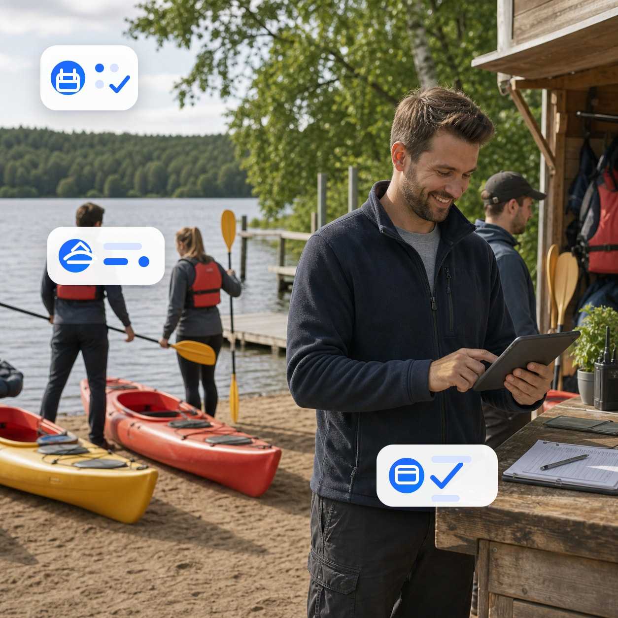 Kayak rental team managing bookings by the lake