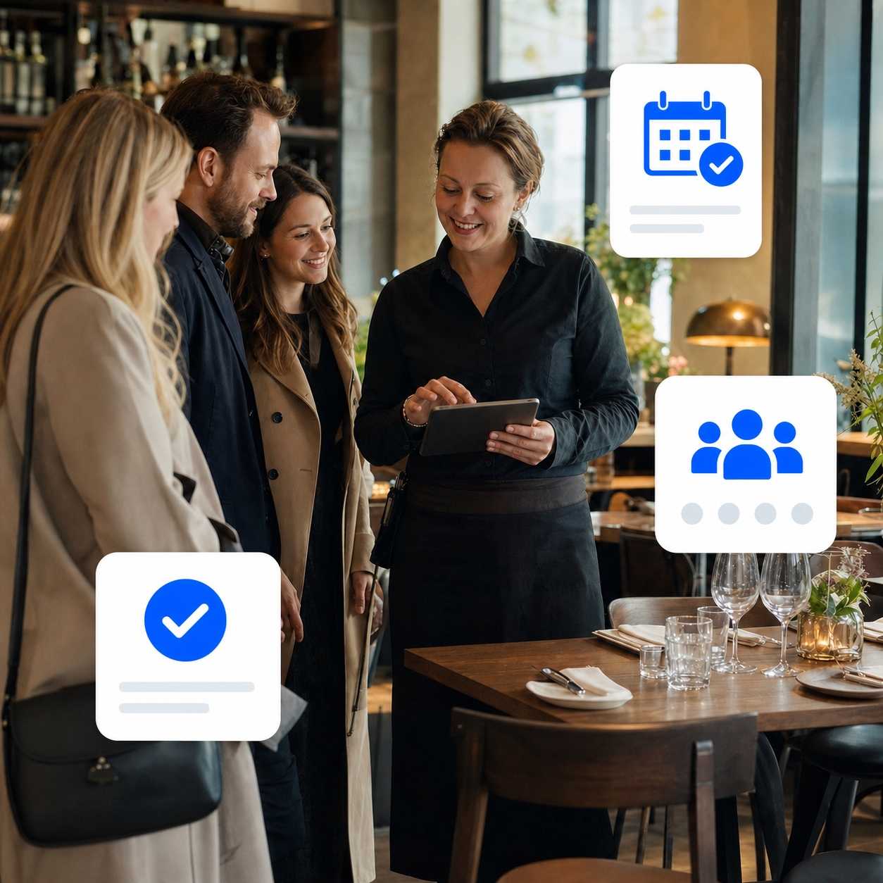 Restaurant host welcoming guests and checking a reservation on a tablet
