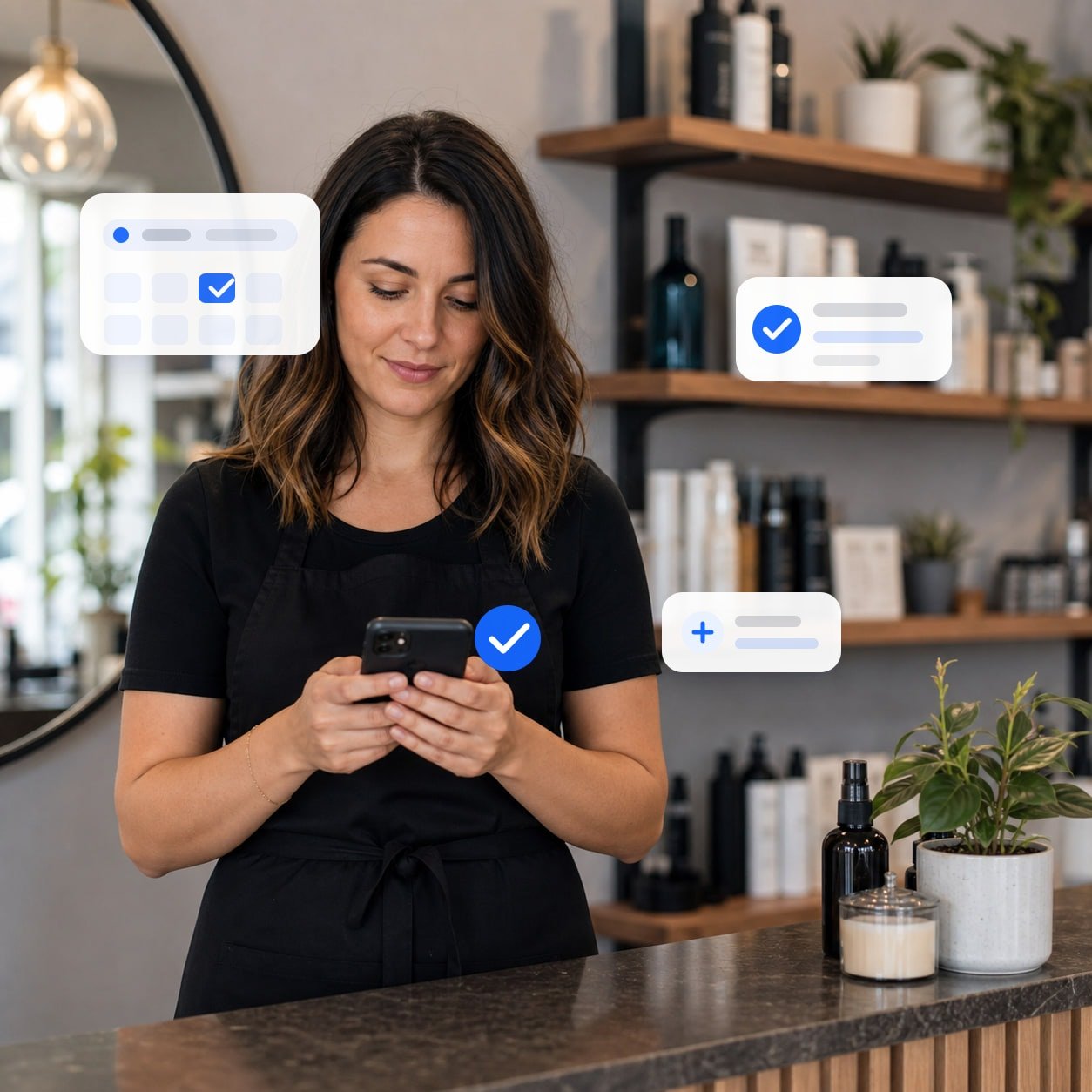 Beauty salon professional checking online bookings on a phone