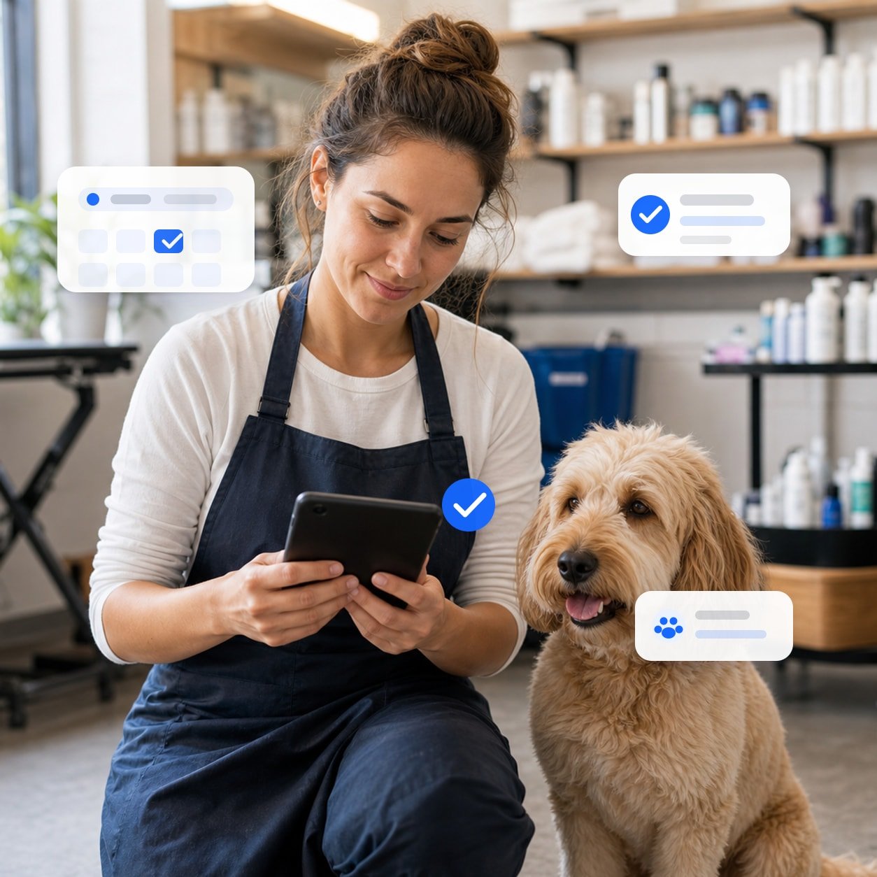 Pet grooming professional checking online bookings with a dog